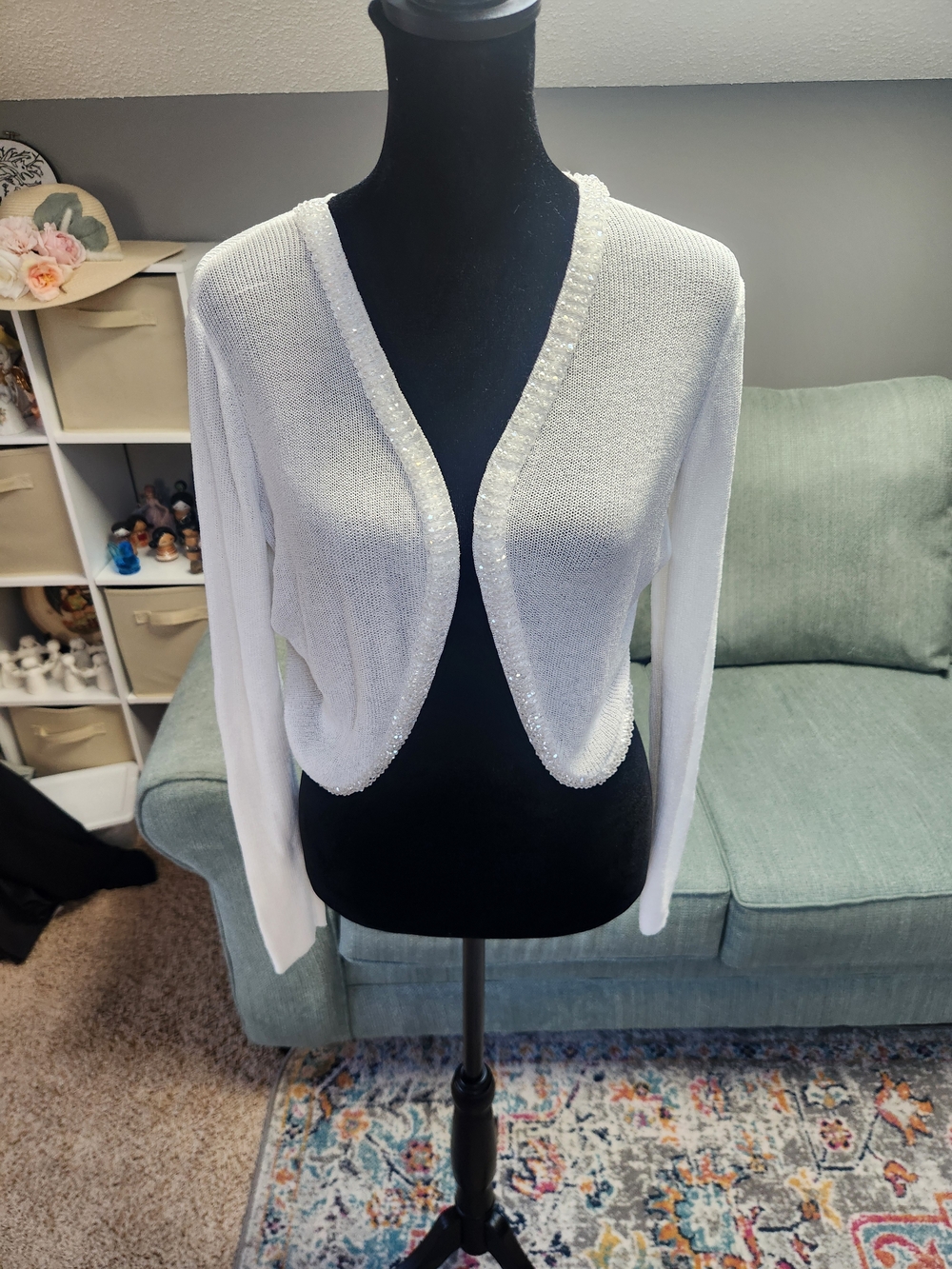 Beulah White Open-Front Knit Shrug with Sparkly Beaded Trim One Size